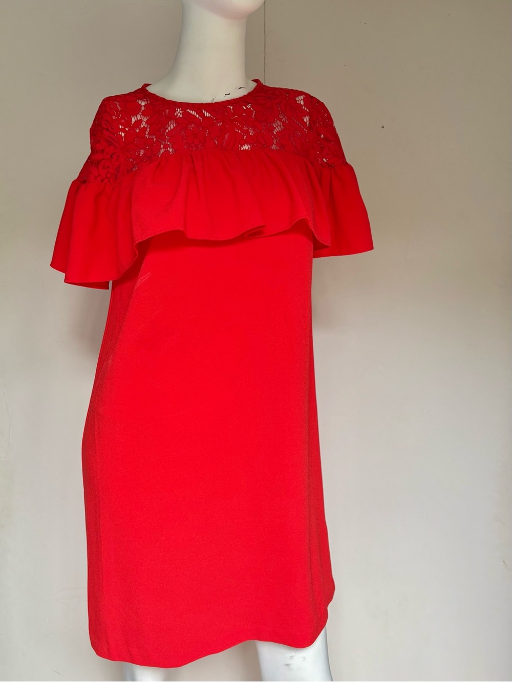 H&M Red Lace Yoke Ruffle Mini Dress